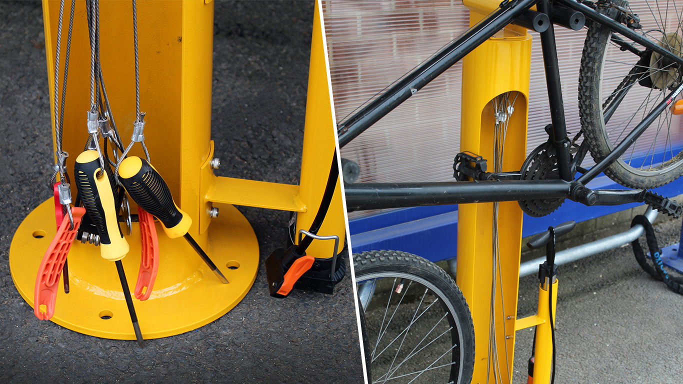 detail of tools on bike repair station