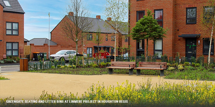 Seating and litter bins at linmere residential project in houghton regis